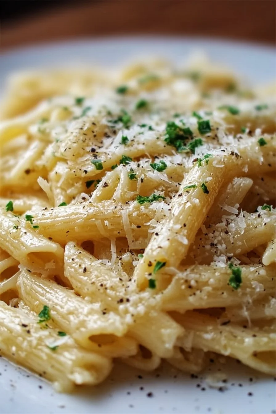 Bowl of gluten-free garlic parmesan pasta garnished with herbs