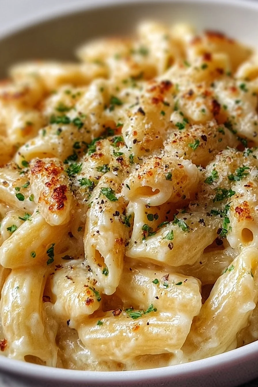 Bowl of Gluten-Free Garlic Parmesan Pasta with fresh herbs and cheese on top