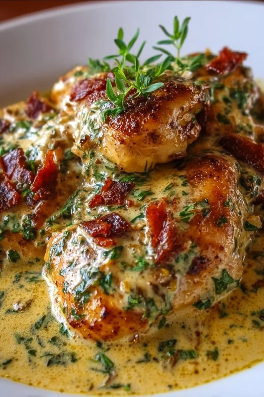 Golden Creamy Tuscan Chicken served on a plate with herbs and vegetables