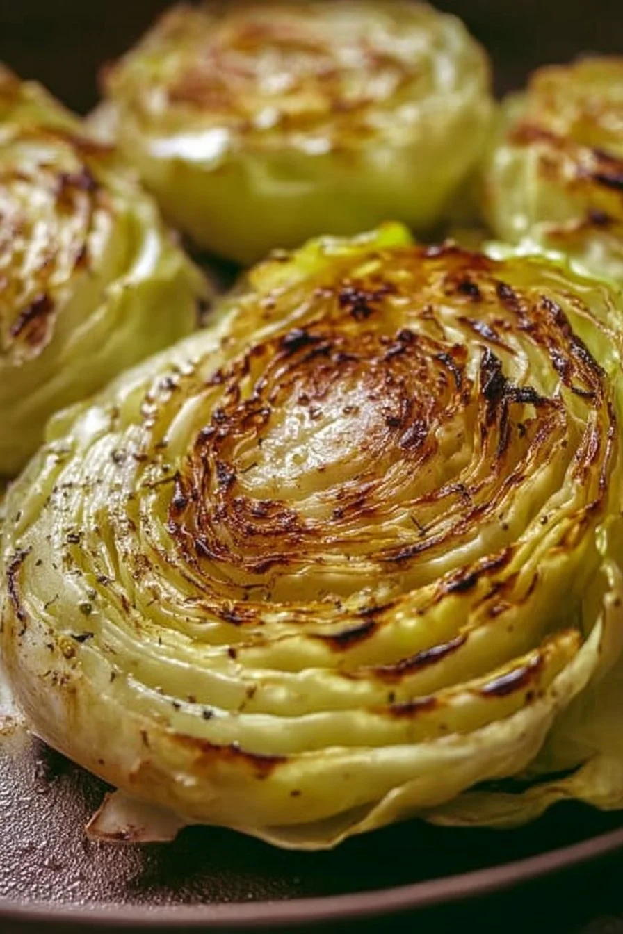 Grilled cabbage steaks served on a plate with seasoning and garnishes
