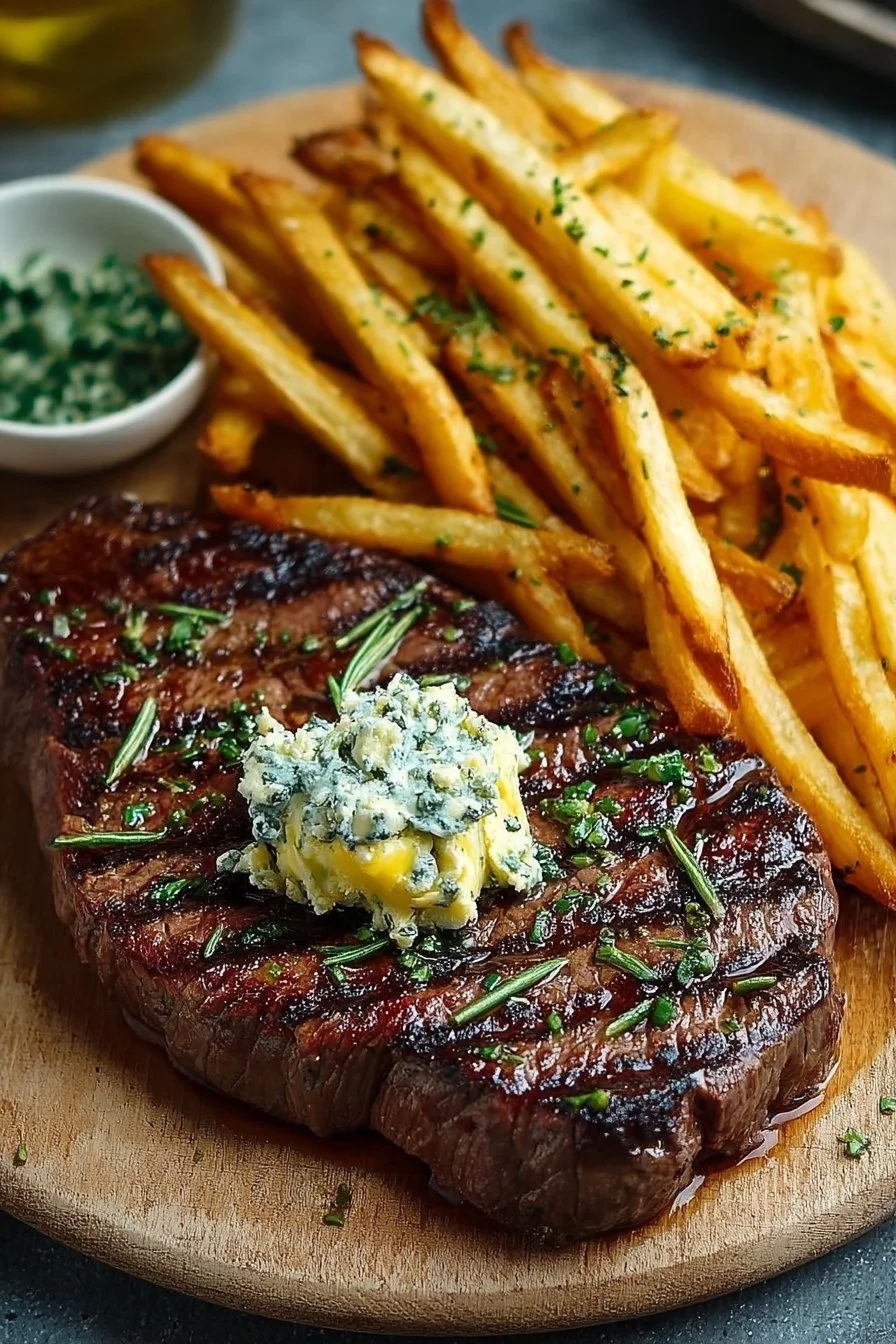 Grilled steak with herb butter alongside crispy fries on a plate.