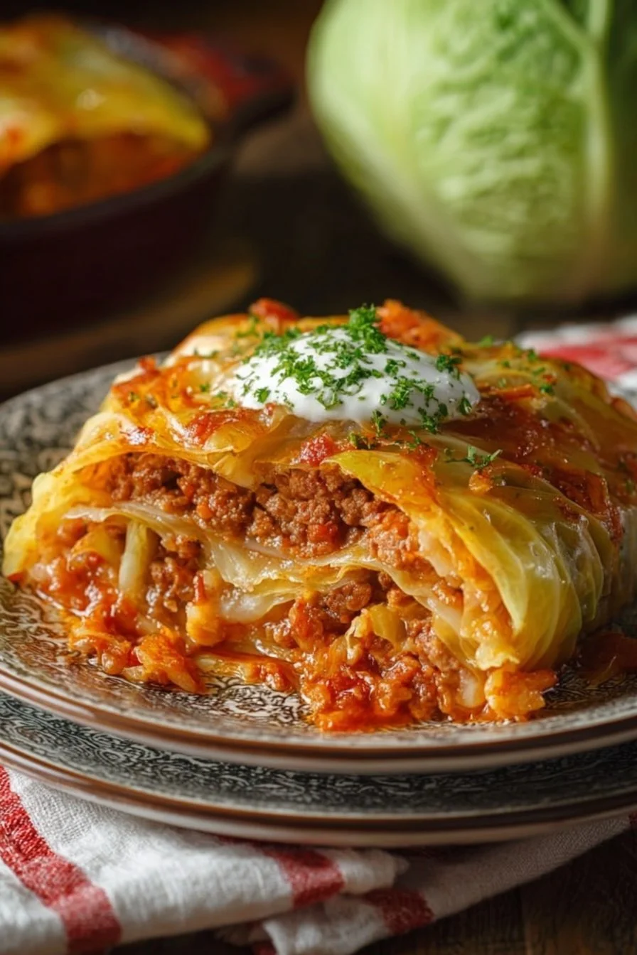 Hearty cabbage roll casserole garnished with herbs in a baking dish