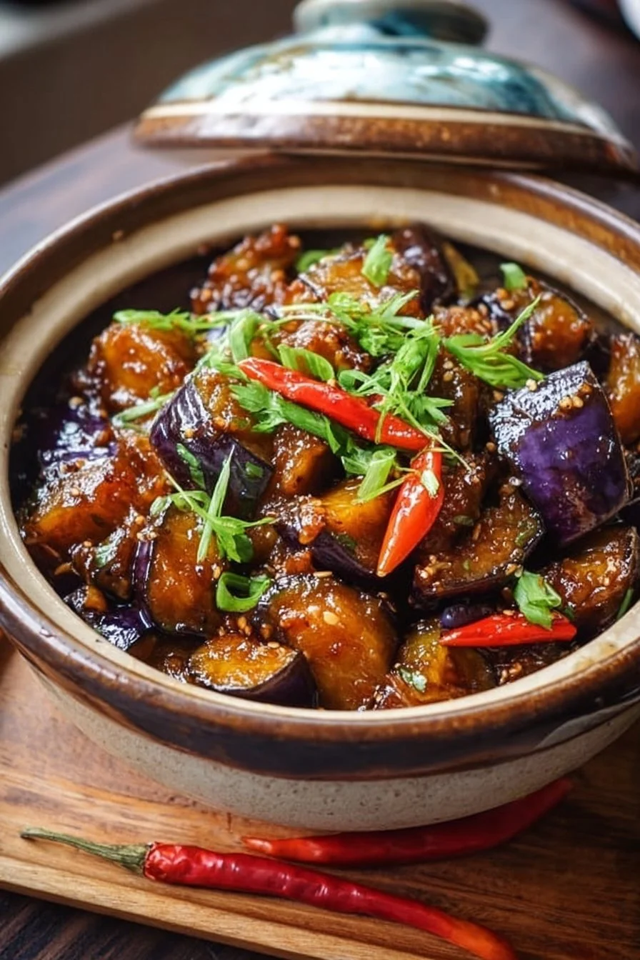 Hearty Chinese eggplant served in garlic sauce on a plate