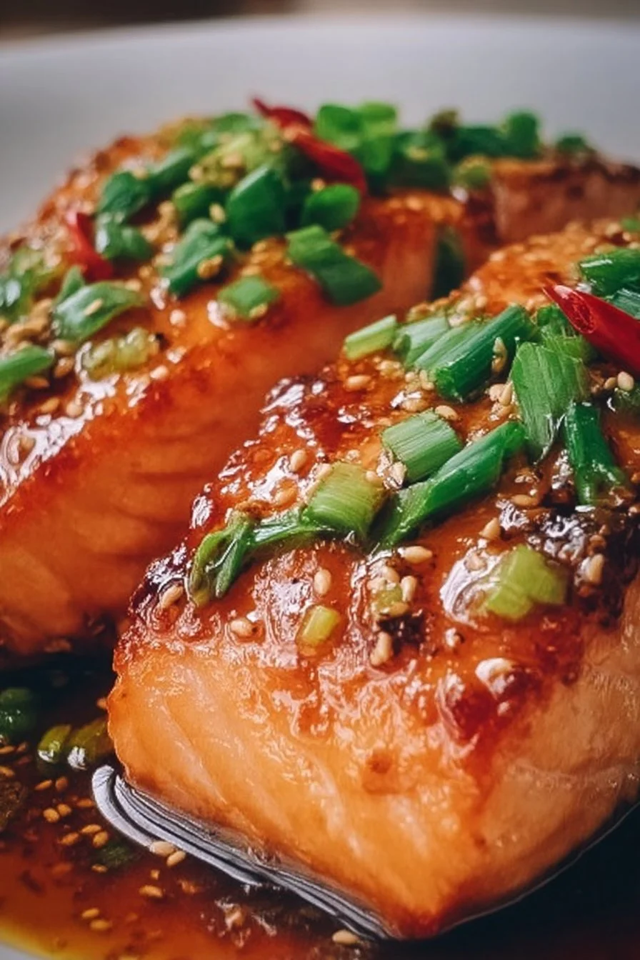 Honey garlic salmon dish garnished with herbs on a plate