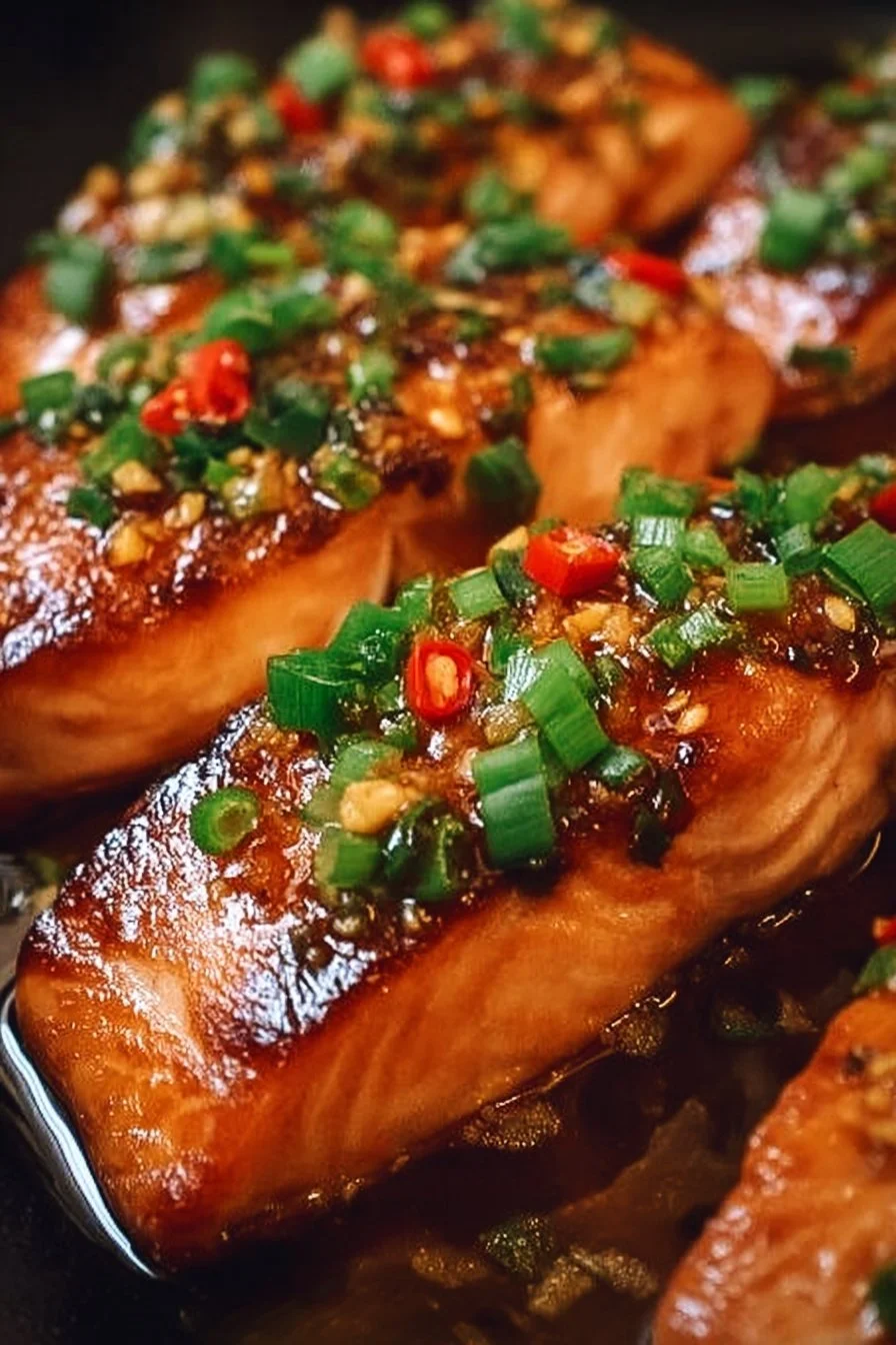 Delicious Honey Garlic Salmon garnished with herbs on a white plate