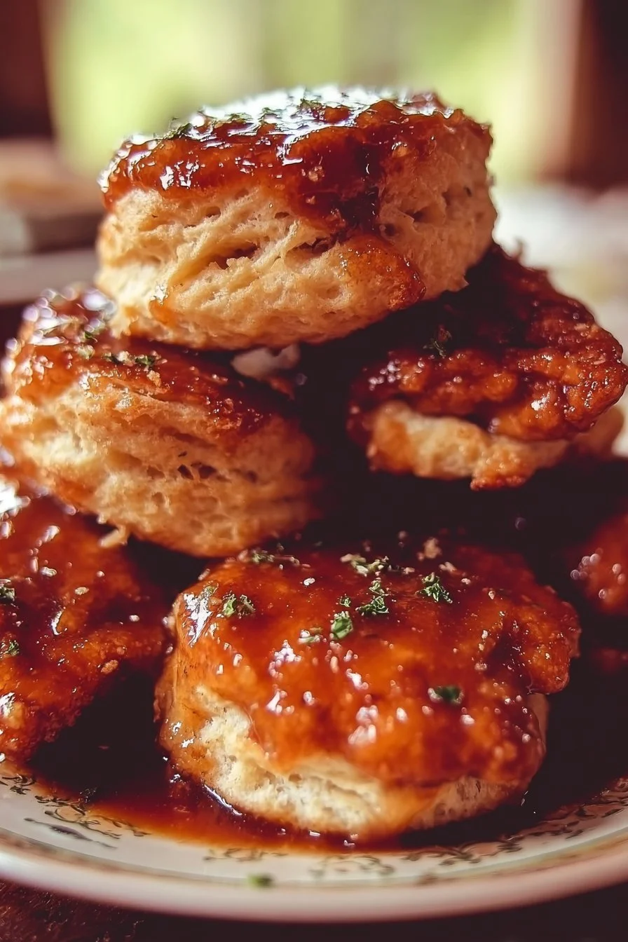 Delicious hot honey chicken biscuits served with a side of honey drizzle