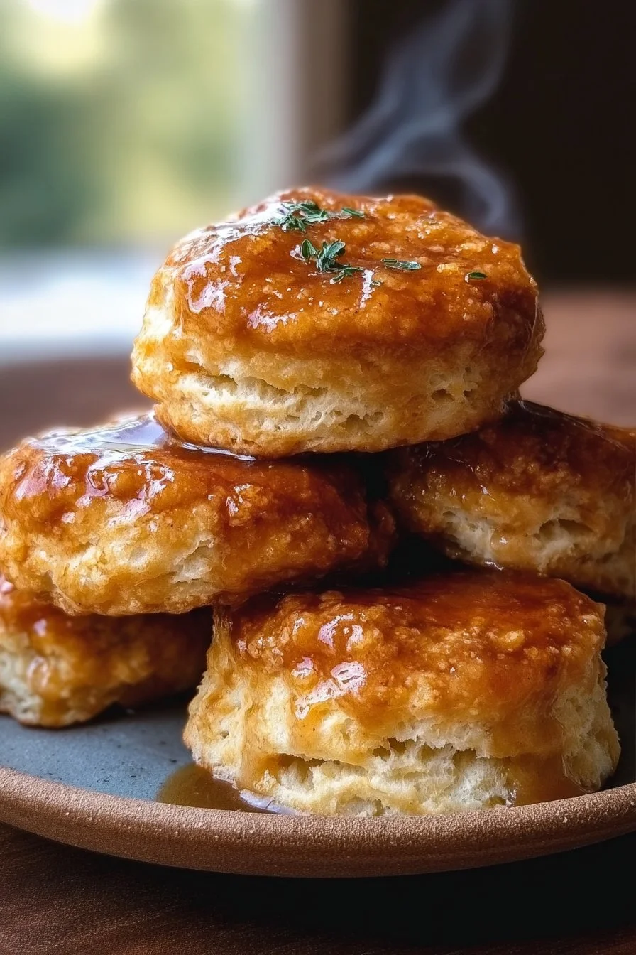 Hot Honey Chicken Biscuits with crispy chicken and honey drizzle on a plate