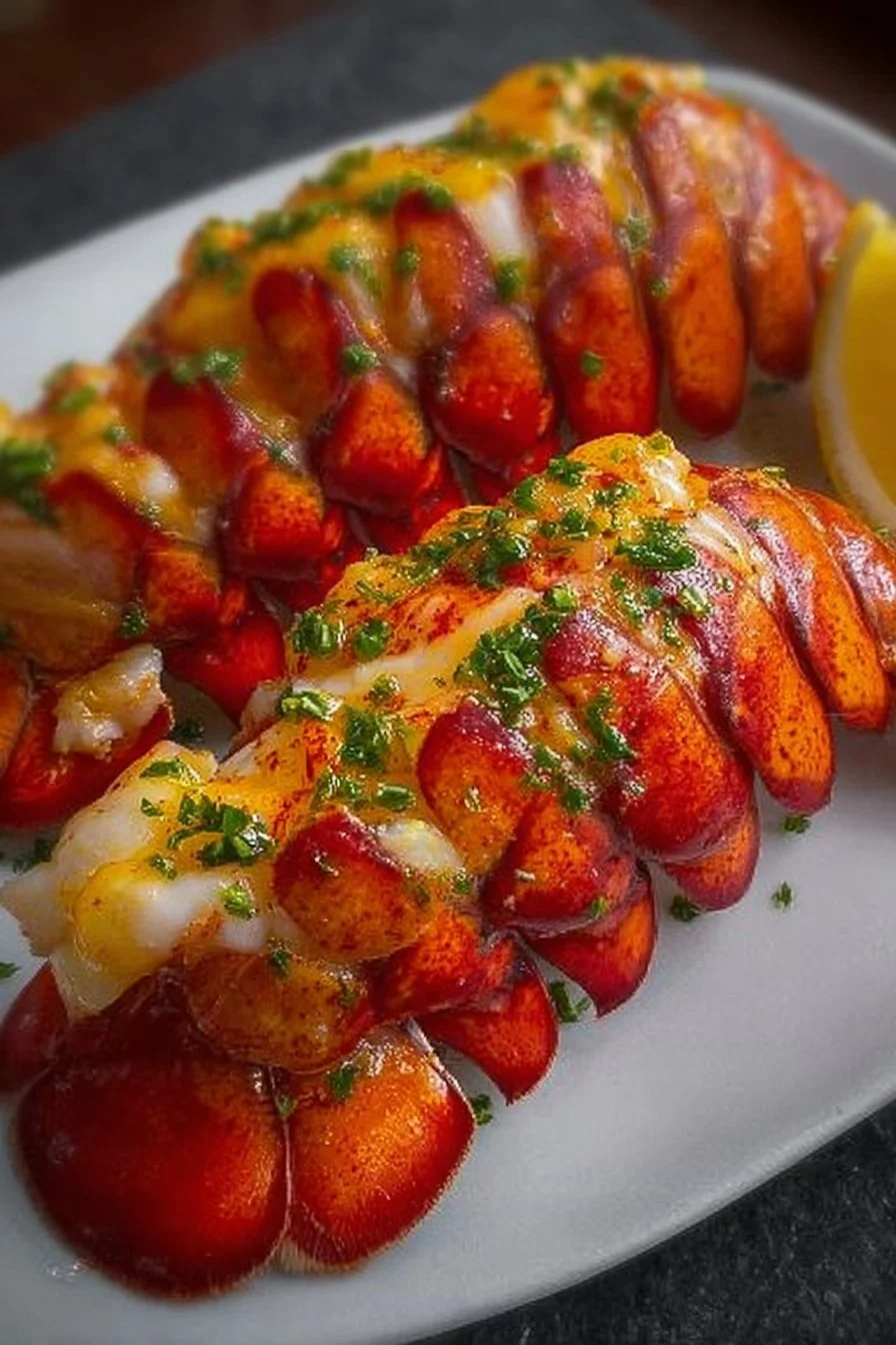 Delicious air fryer lobster tails served on a plate with garnishes