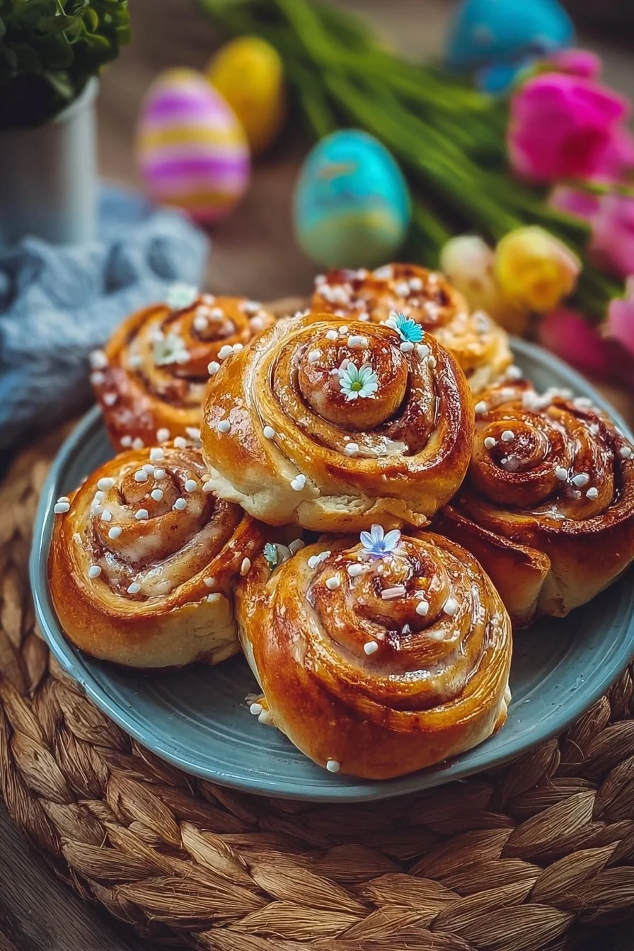 Freshly baked Easter Cinnamon Rolls with icing and festive decorations