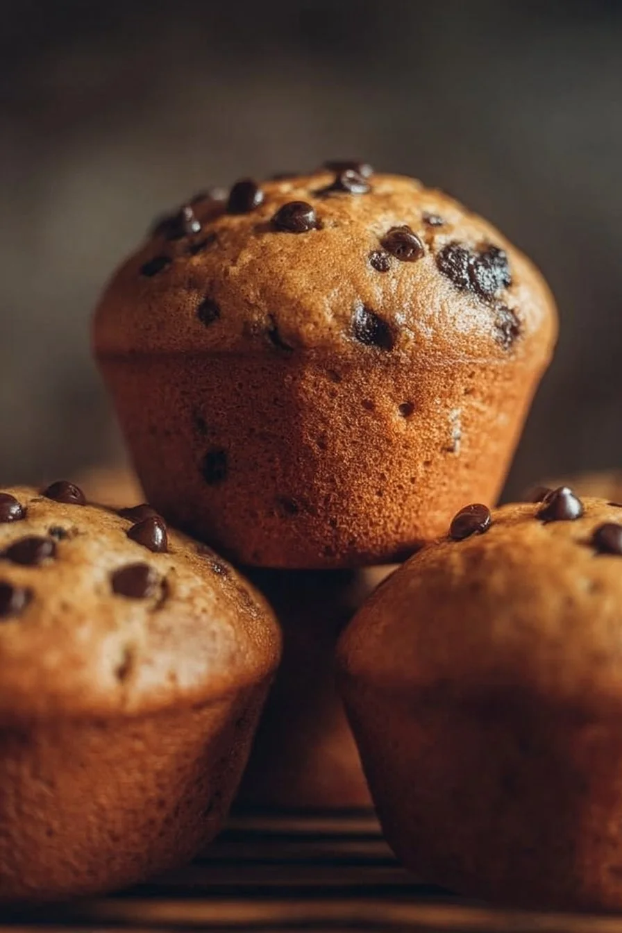 Delicious sourdough chocolate chip muffins on a rustic wooden table