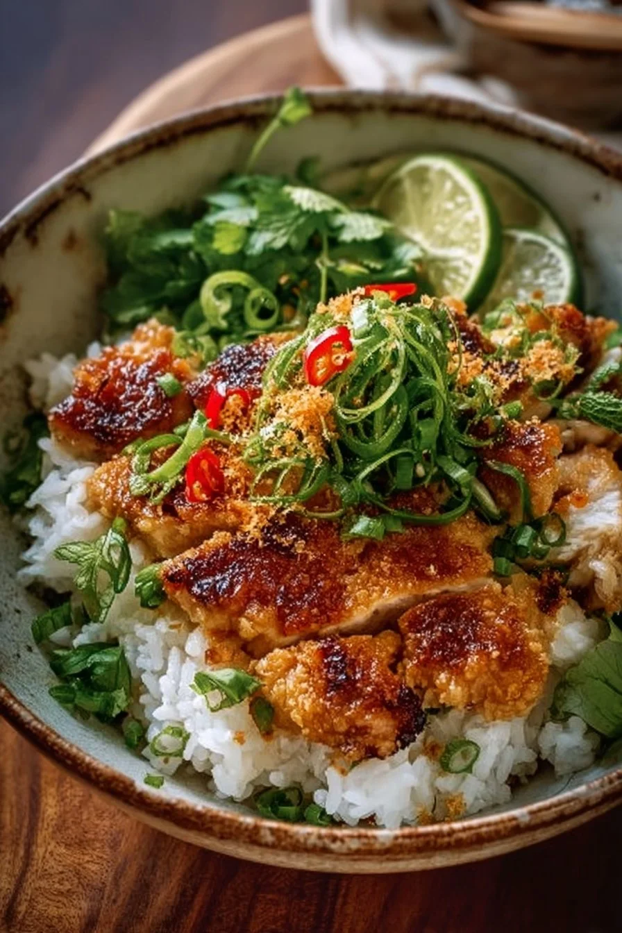 Delicious Juicy Coconut Chicken Rice Bowl served for family dinner
