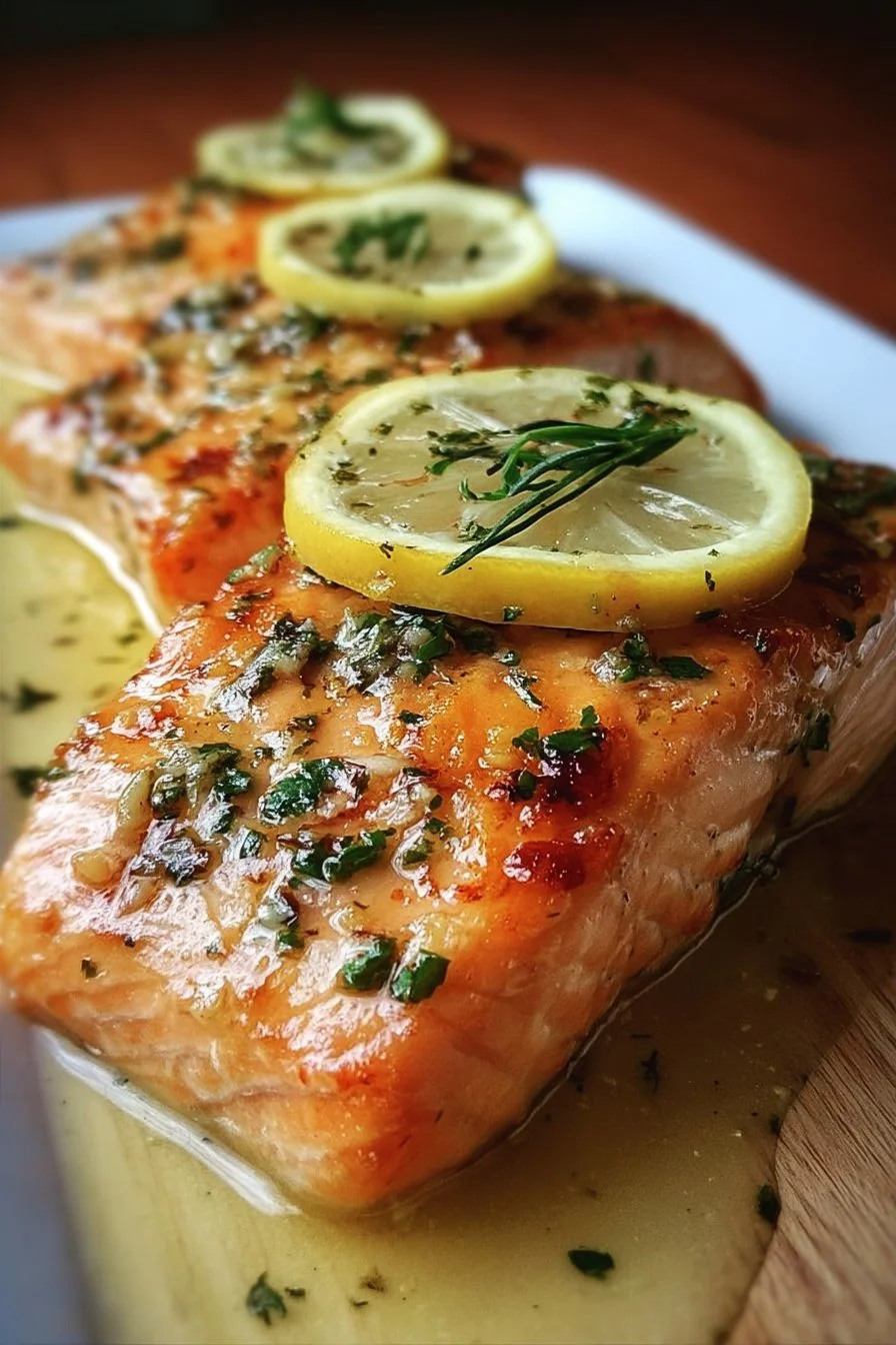 Lemon Garlic Butter Salmon on a plate garnished with herbs and lemon slices