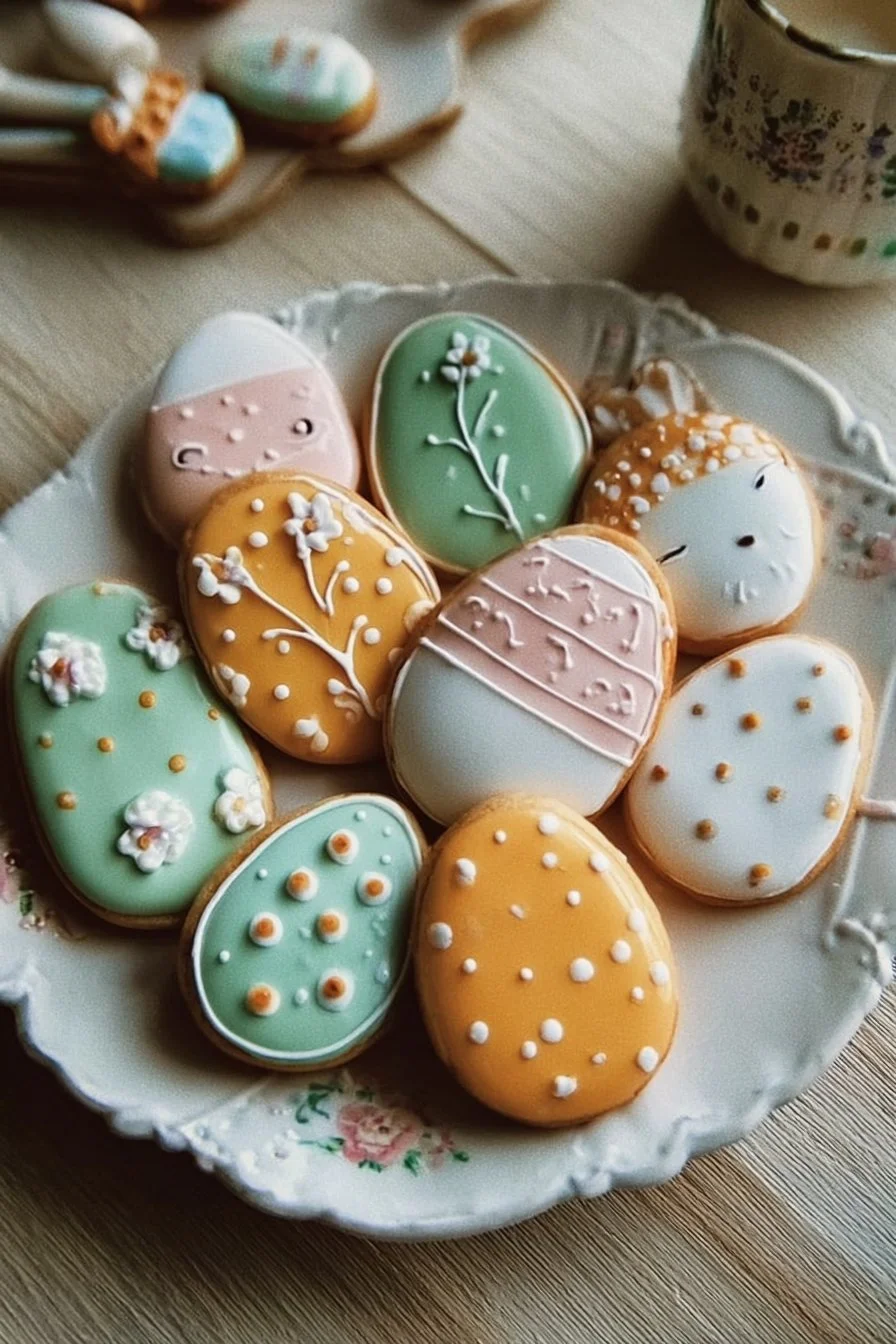 Beautifully decorated Easter cookies with colorful icing and designs.