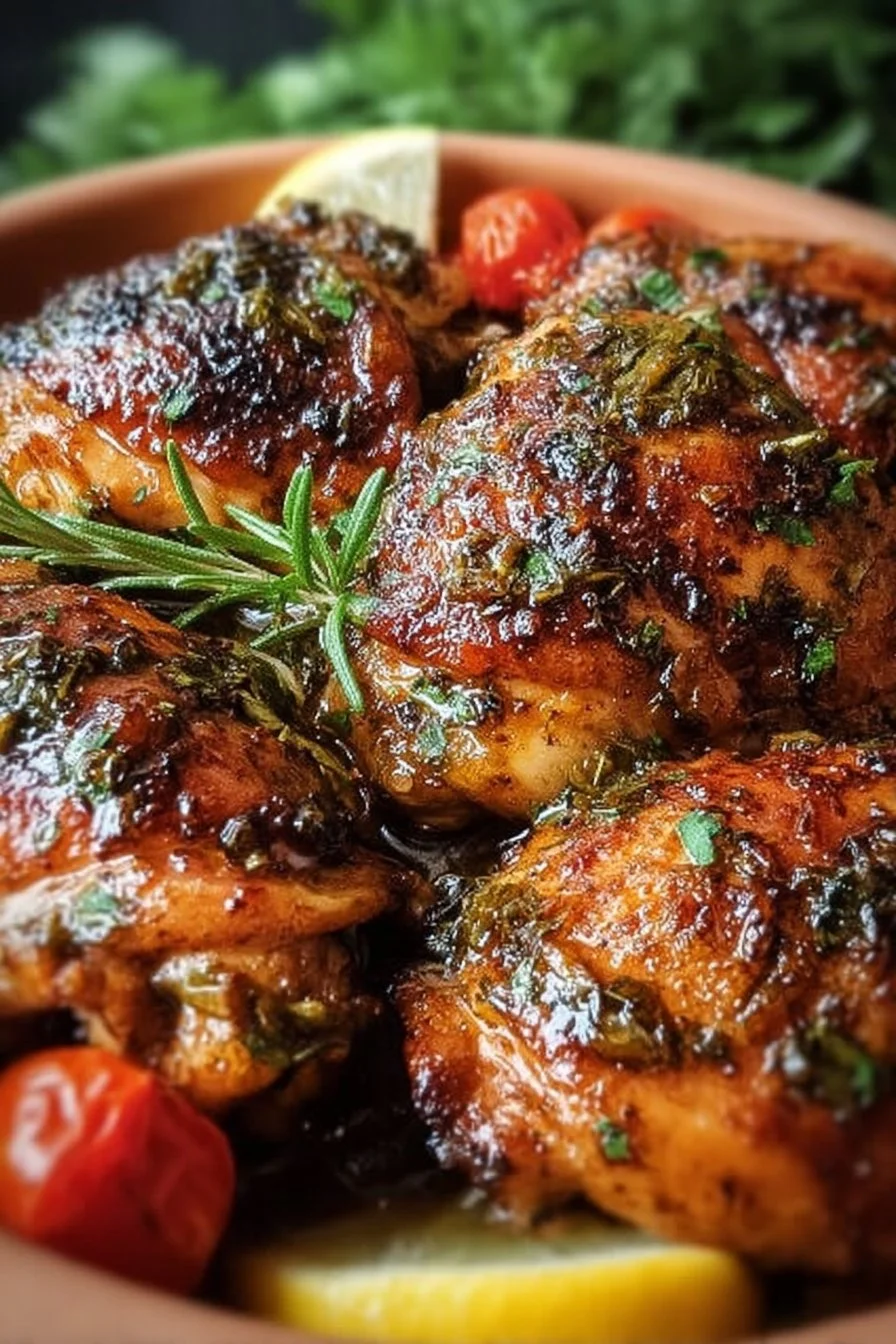 Delicious Mediterranean Chicken Thighs garnished with herbs and served with veggies