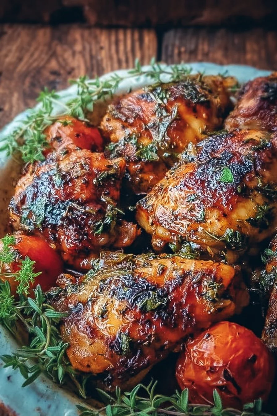 Plate of Mediterranean chicken thighs served with fresh herbs and vegetables