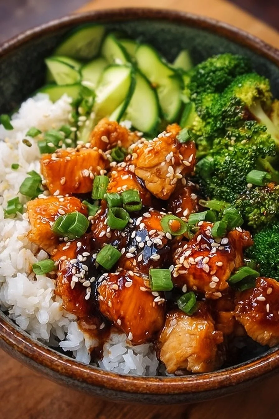 Delicious sesame chicken bowl garnished with sesame seeds and vegetables
