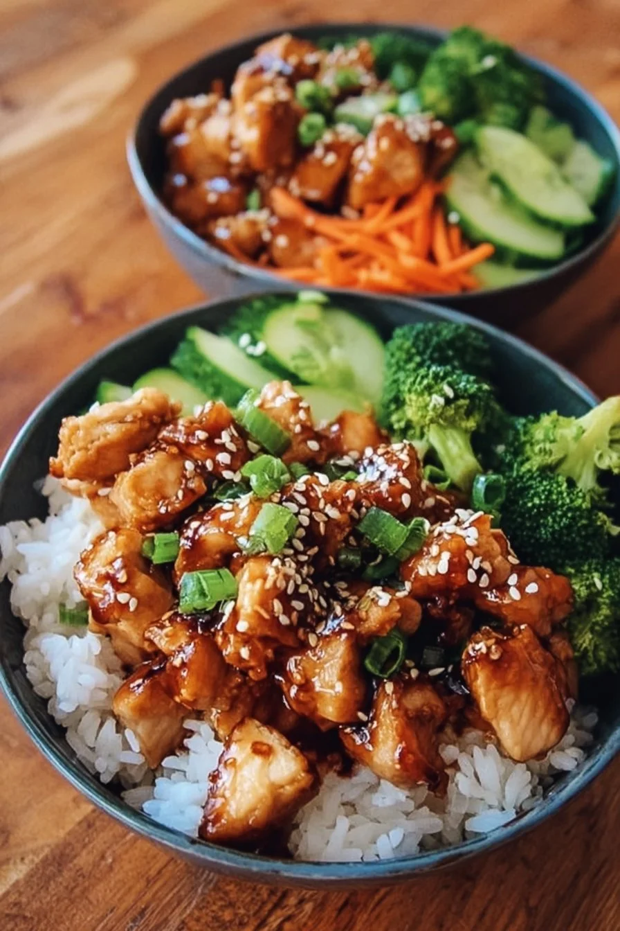 Quick and delicious sesame chicken bowls served with vibrant vegetables and rice