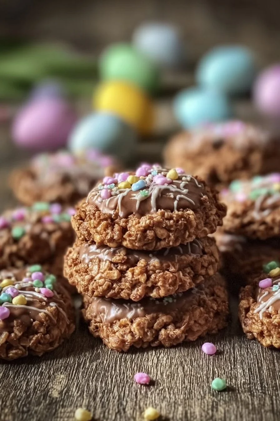Quick and easy no-bake Easter cookies decorated with colorful sprinkles.