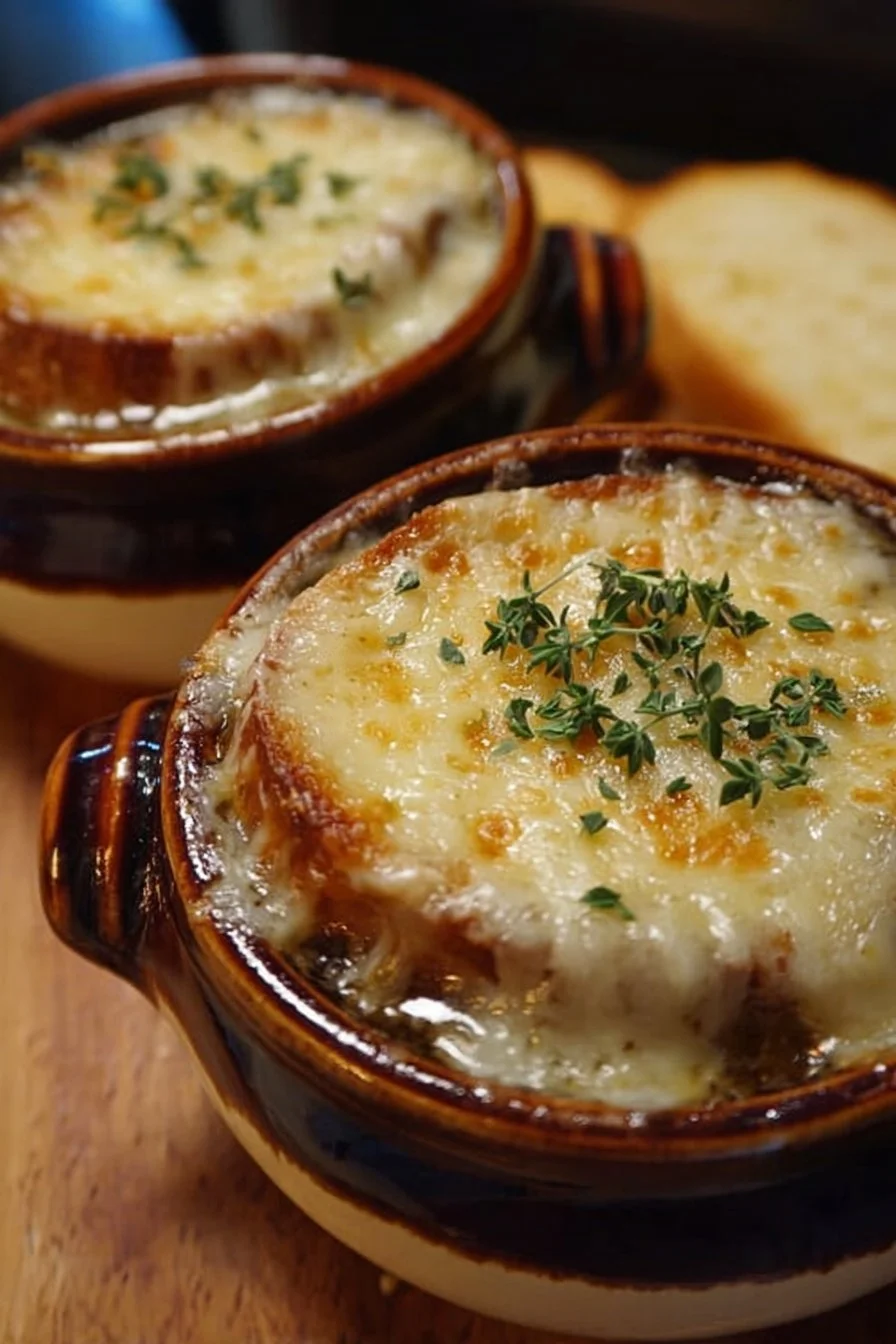 A bowl of quick and delicious Instant Pot French onion soup topped with cheese.