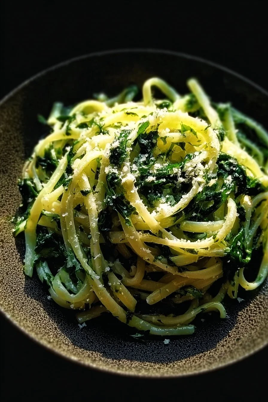 Bowl of quick spinach pasta garnished with fresh herbs