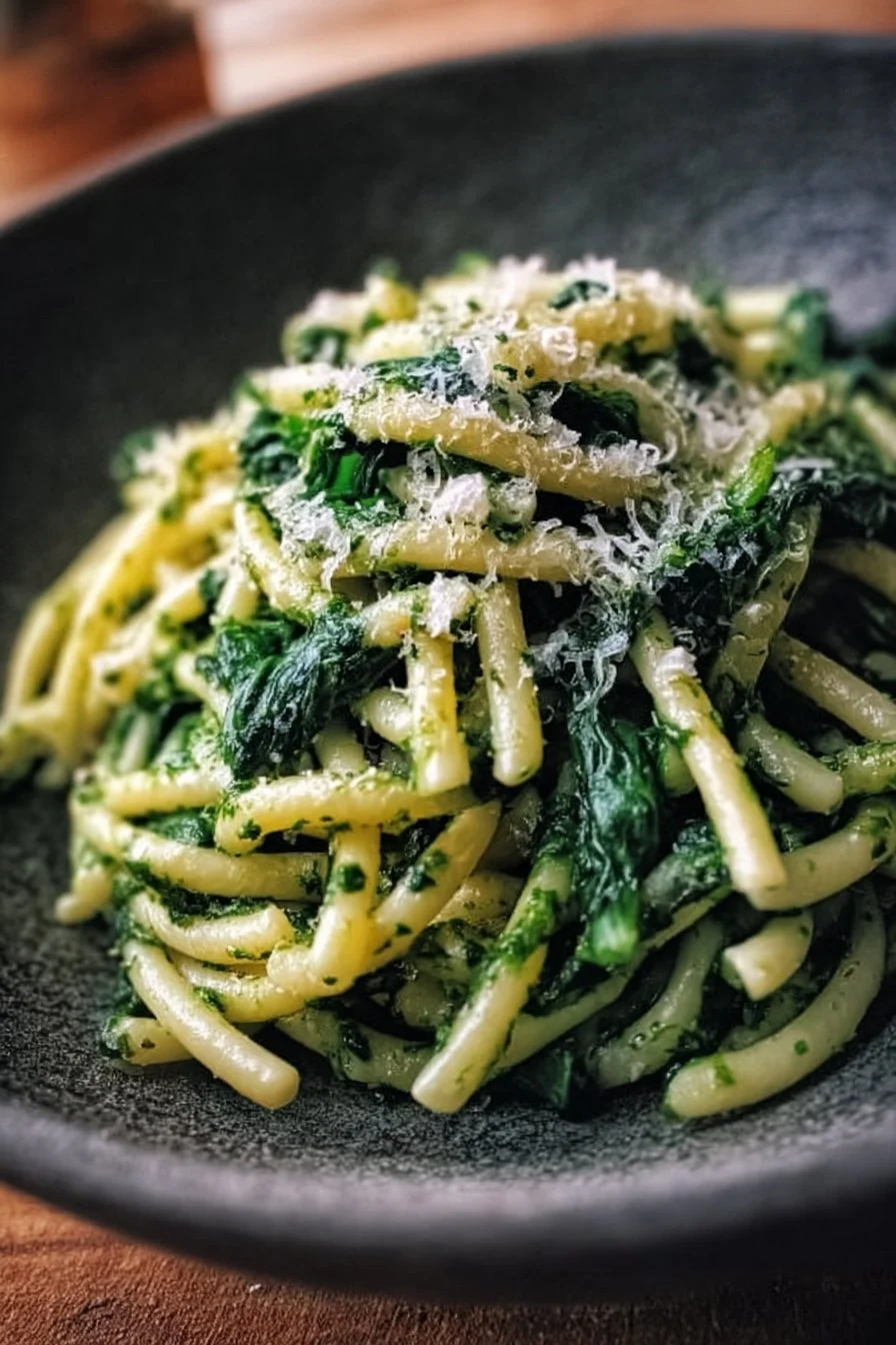 Bowl of quick spinach pasta topped with parmesan and cherry tomatoes