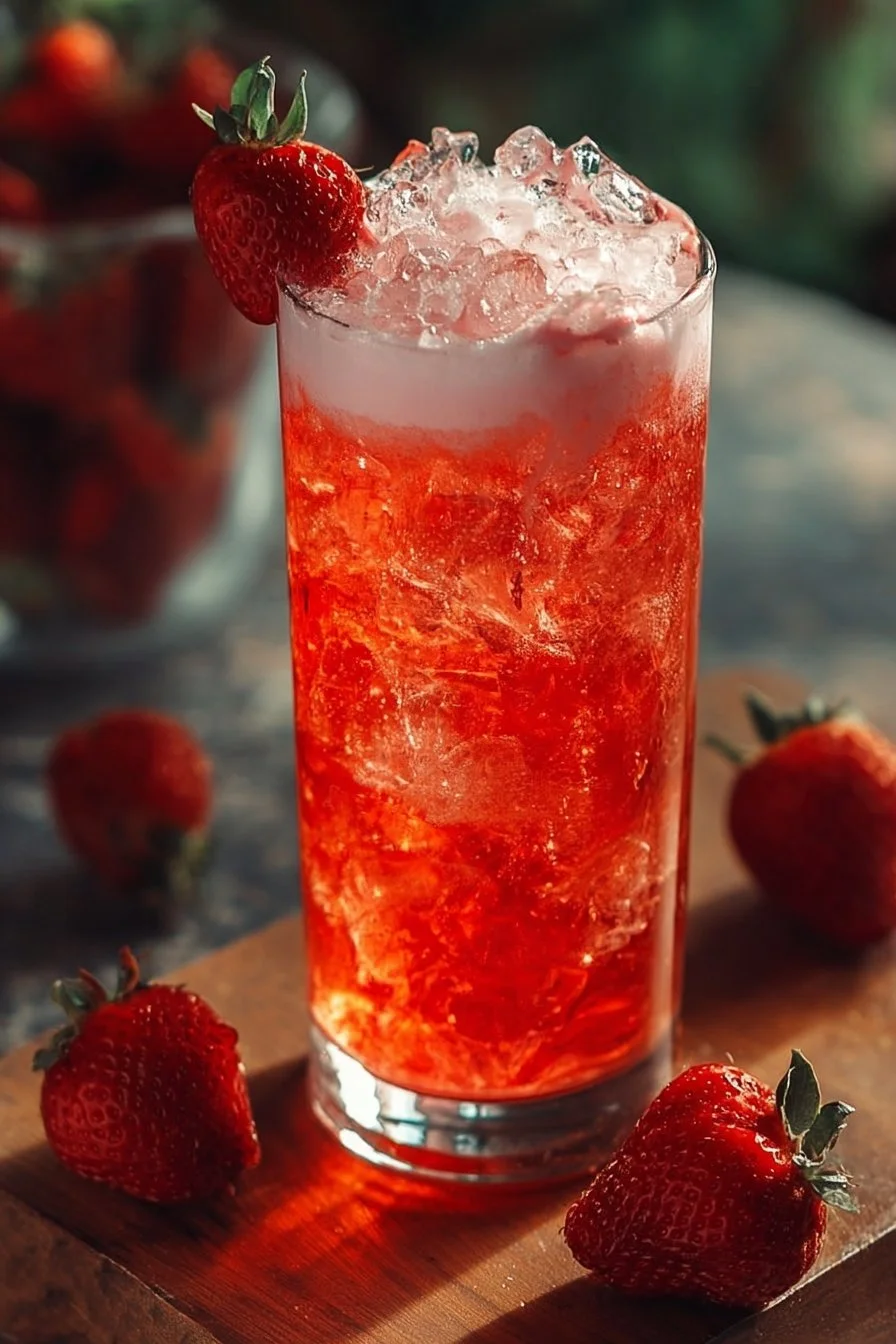 A glass of refreshing strawberry cream soda topped with whipped cream and strawberries
