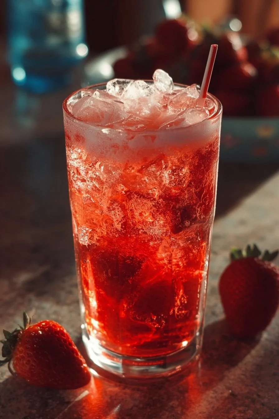 A refreshing glass of strawberry cream soda topped with whipped cream and strawberries