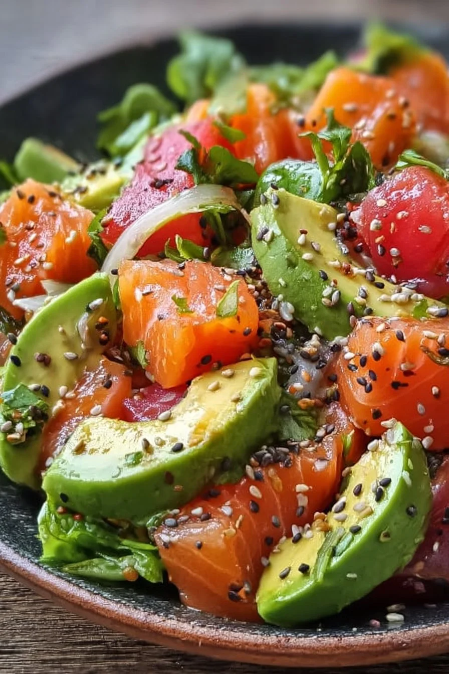 A vibrant Salmon Avocado Salad with fresh ingredients, ideal for a nutritious meal.