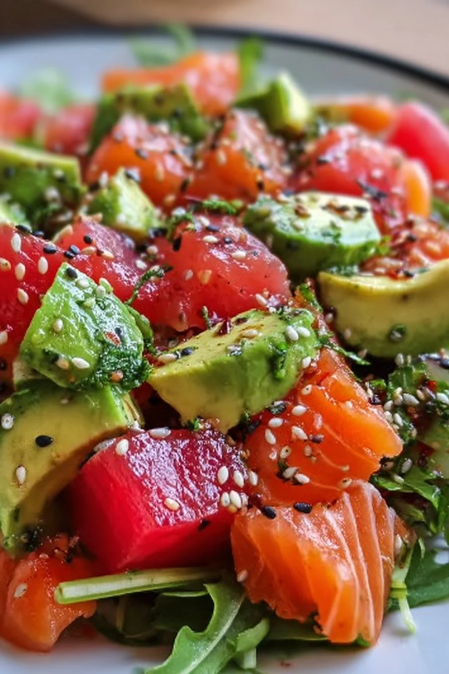 Healthy Salmon Avocado Salad with fresh ingredients and vibrant colors.