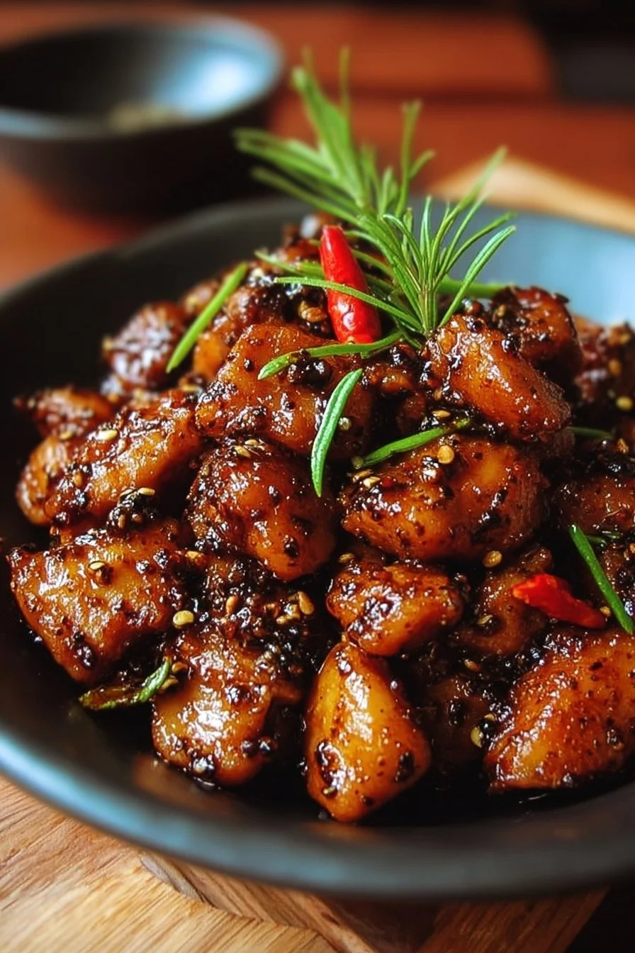 Delicious plate of savory black pepper chicken with vegetables