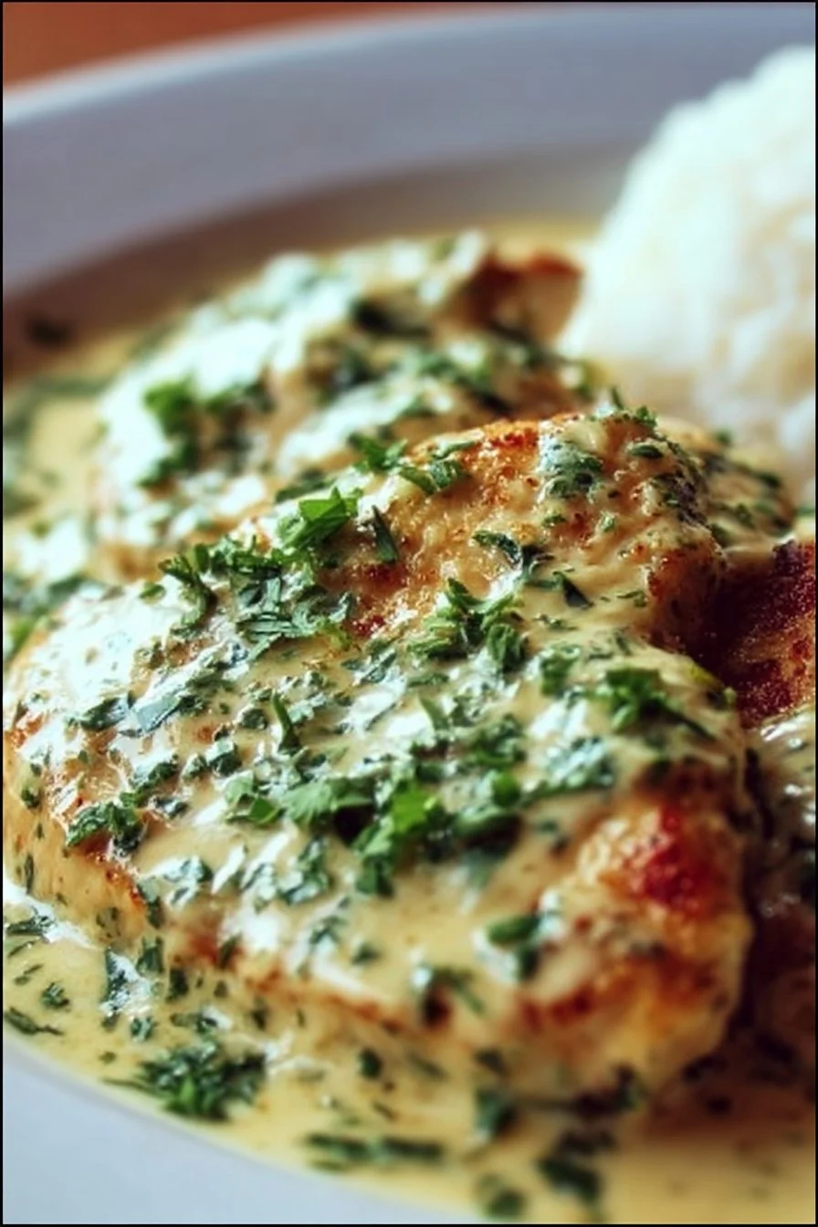 Deliciously creamy ranch chicken served on a plate with herbs