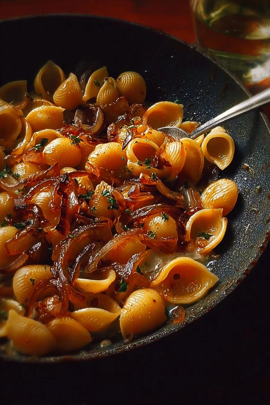 Savory shell pasta dish topped with caramelized onions, garnished and ready to serve.