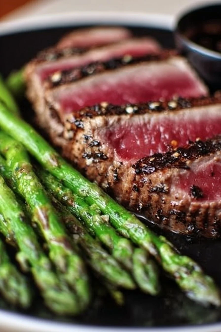Savory tuna steak served with fresh asparagus on a plate
