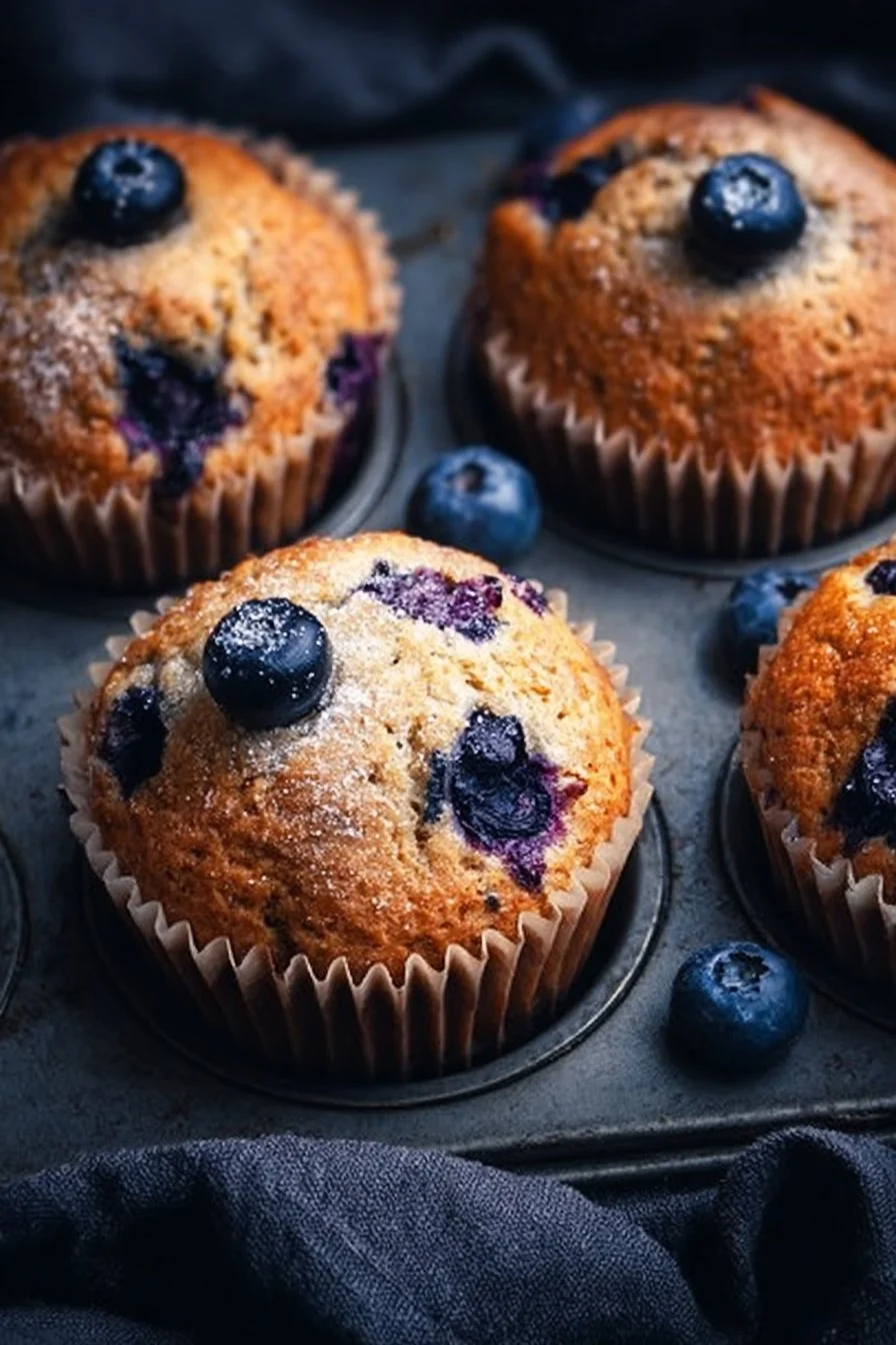 Freshly baked sourdough blueberry muffins with blueberries on display