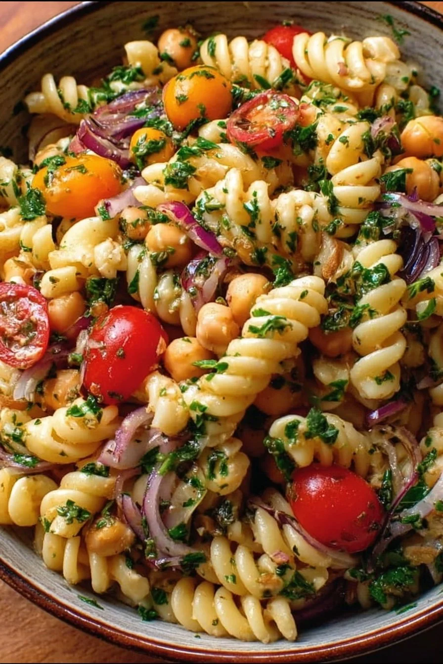Sizzling chickpea pasta salad with colorful vegetables and dressing