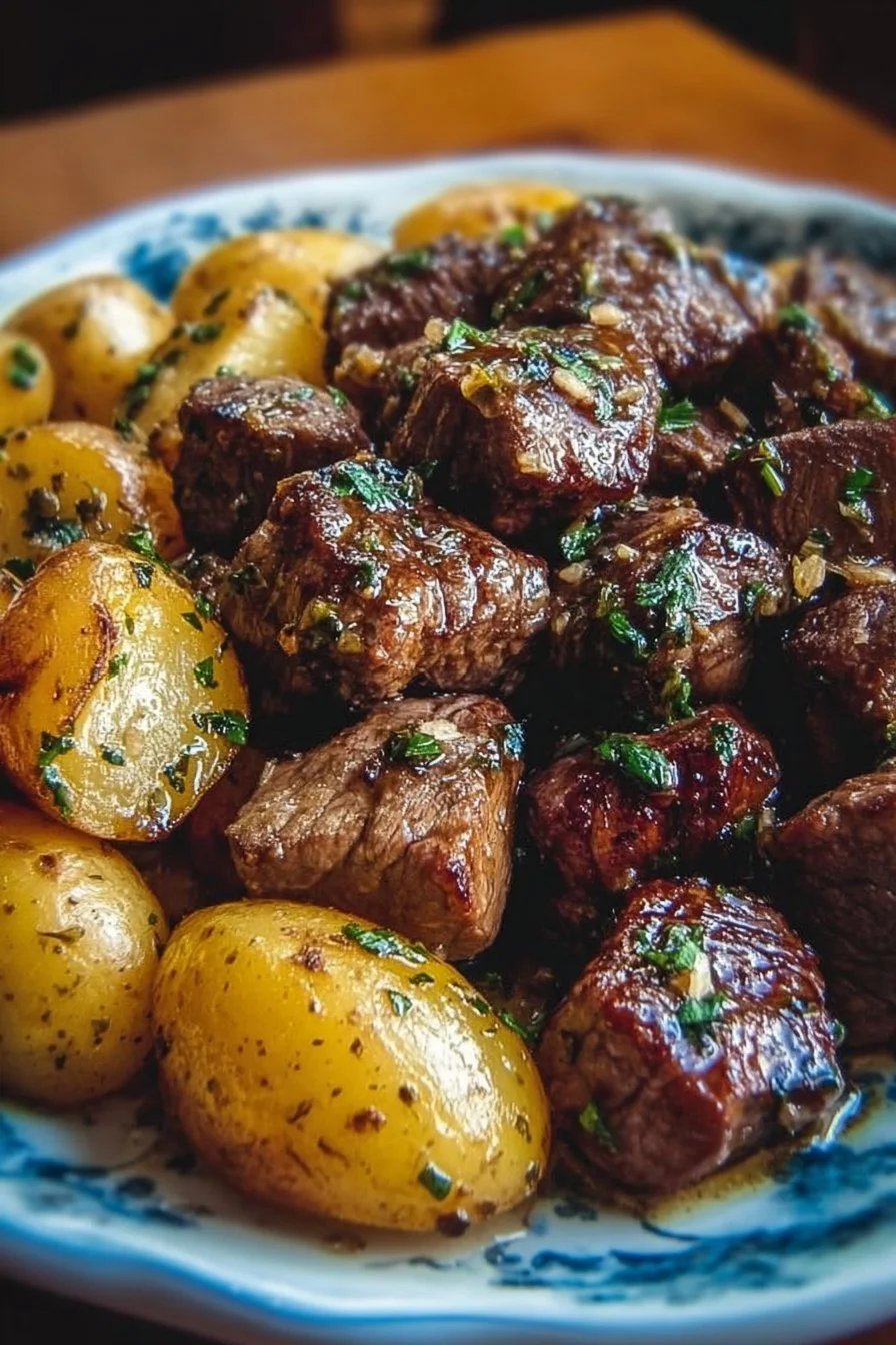 Slow cooker garlic butter beef bites served with potatoes