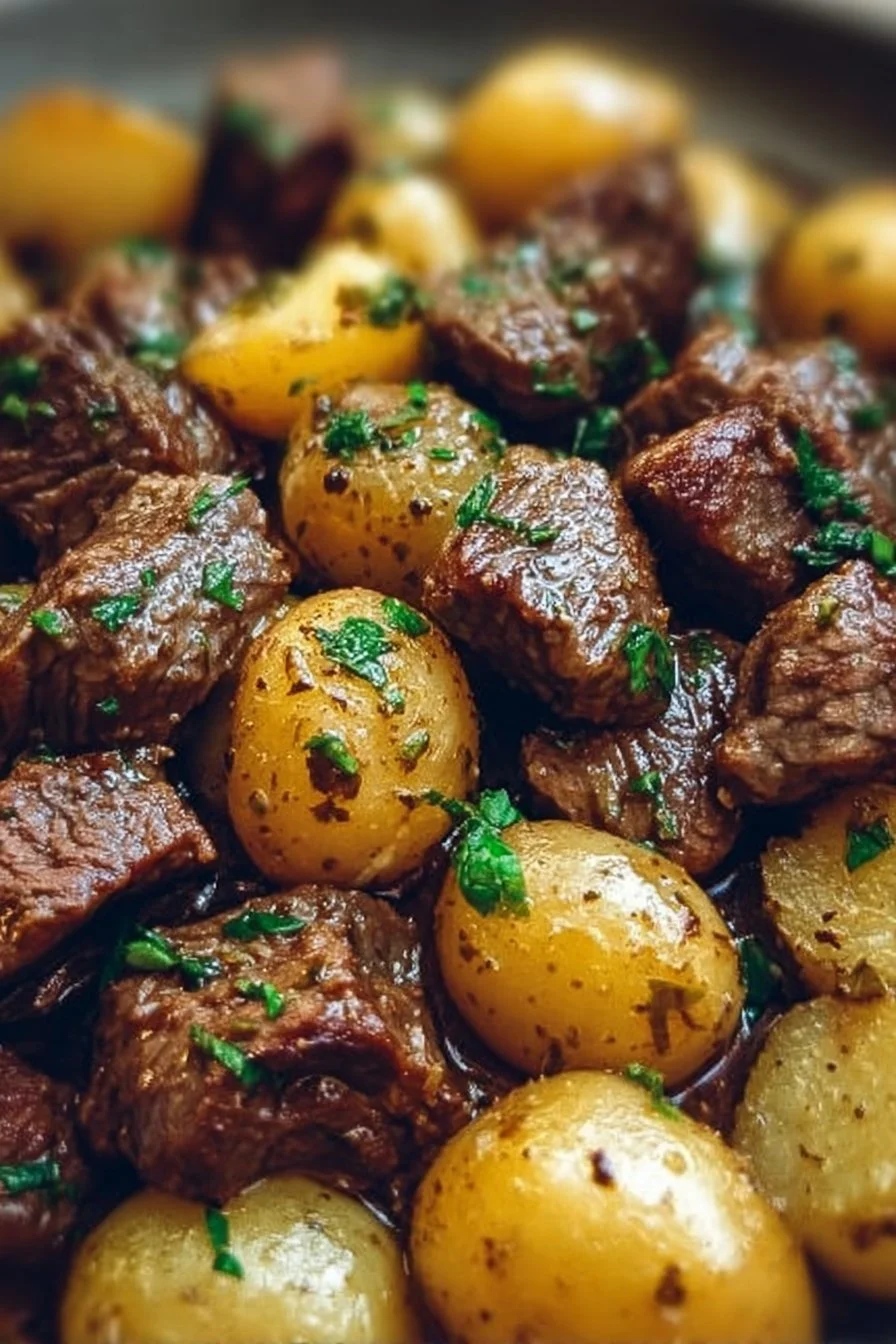 Slow Cooker Garlic Butter Beef Bites served with tender potatoes
