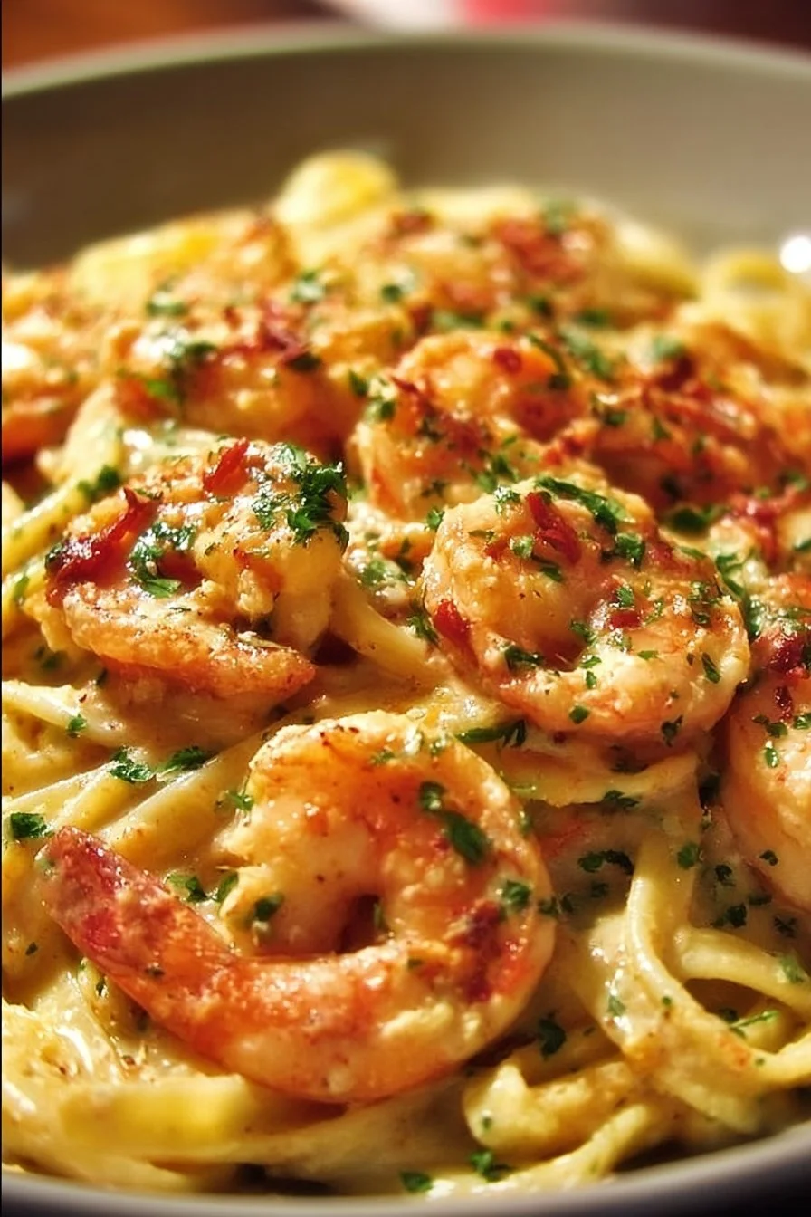 A delicious plate of smoky creamy shrimp pasta garnished with herbs