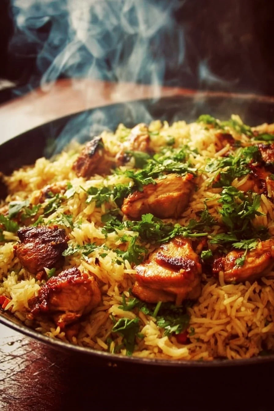 Delicious Smoky Rice and Chicken served in a bowl garnished with herbs.