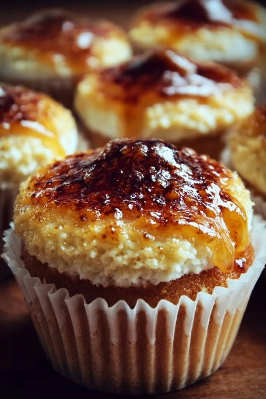 Smoky vanilla bean crème brûlée cupcakes with a caramelized sugar top.