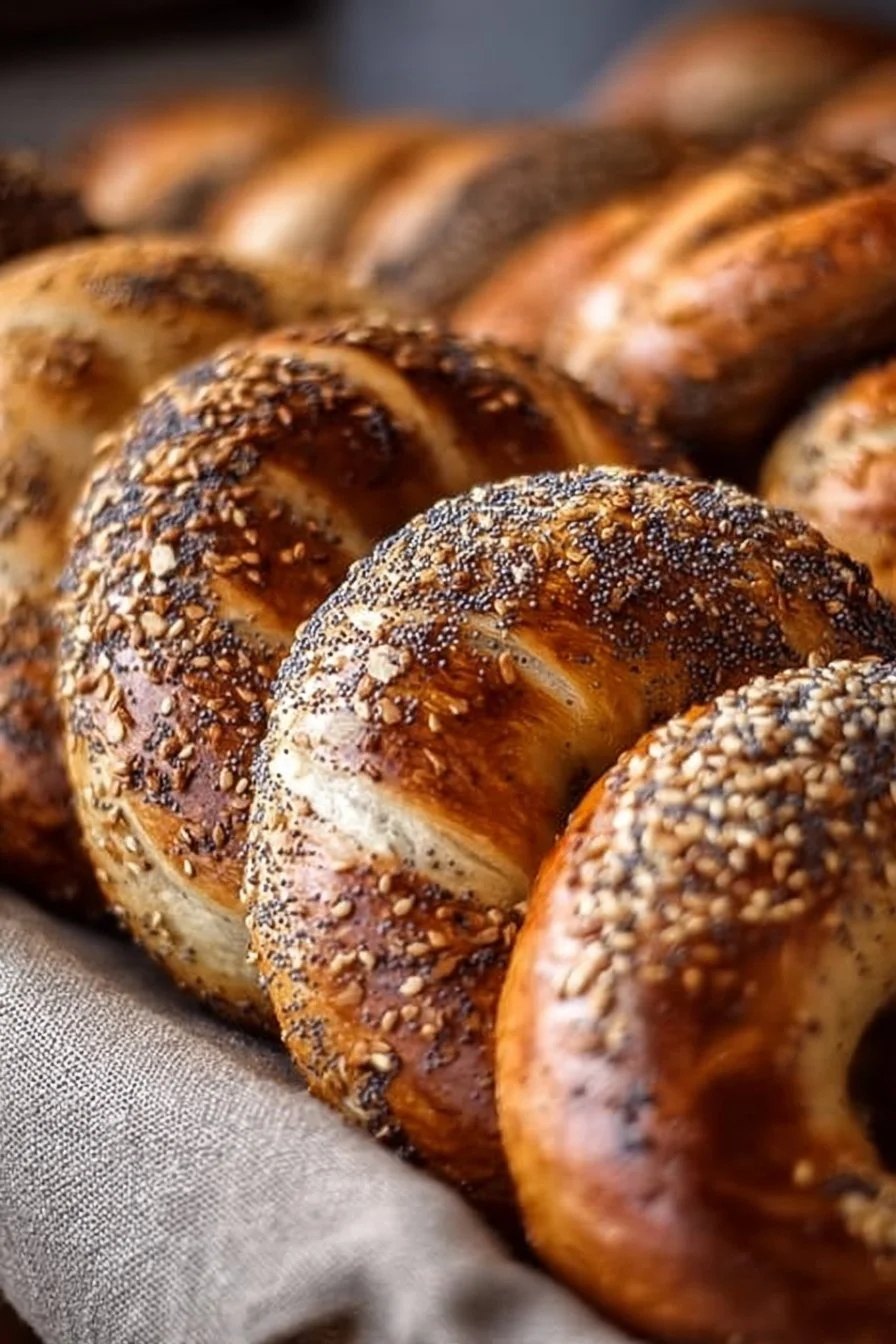 Freshly baked sourdough discard bagels topped with sesame seeds