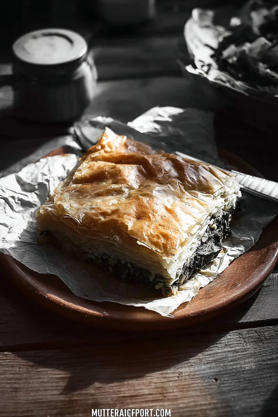 Delicious Spanakopita Greek spinach pie with flaky crust and fresh herbs