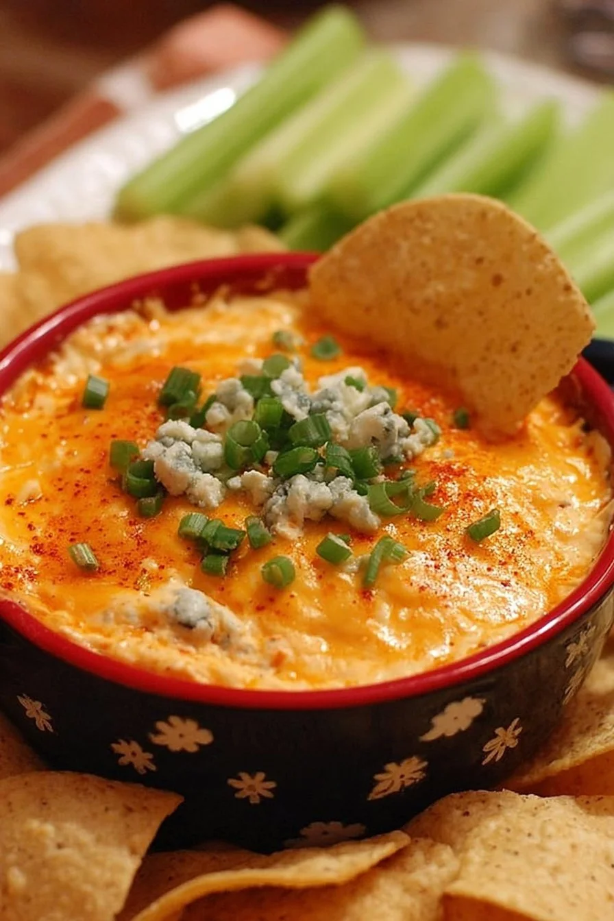 Spicy Cottage Cheese Buffalo Chicken Dip served in a bowl with crackers