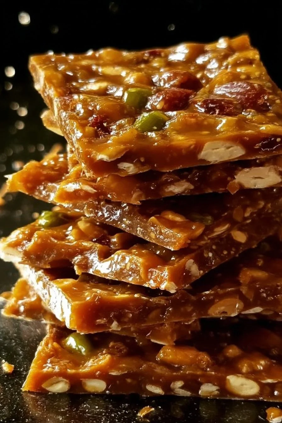 Spicy sweet jalapeño peanut brittle in a bowl with peanuts and jalapeños.