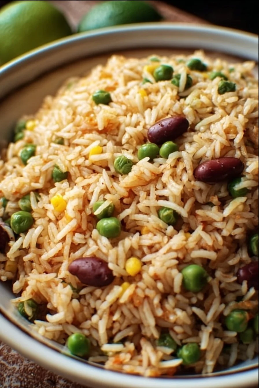 Tangy rice and peas dish garnished with herbs