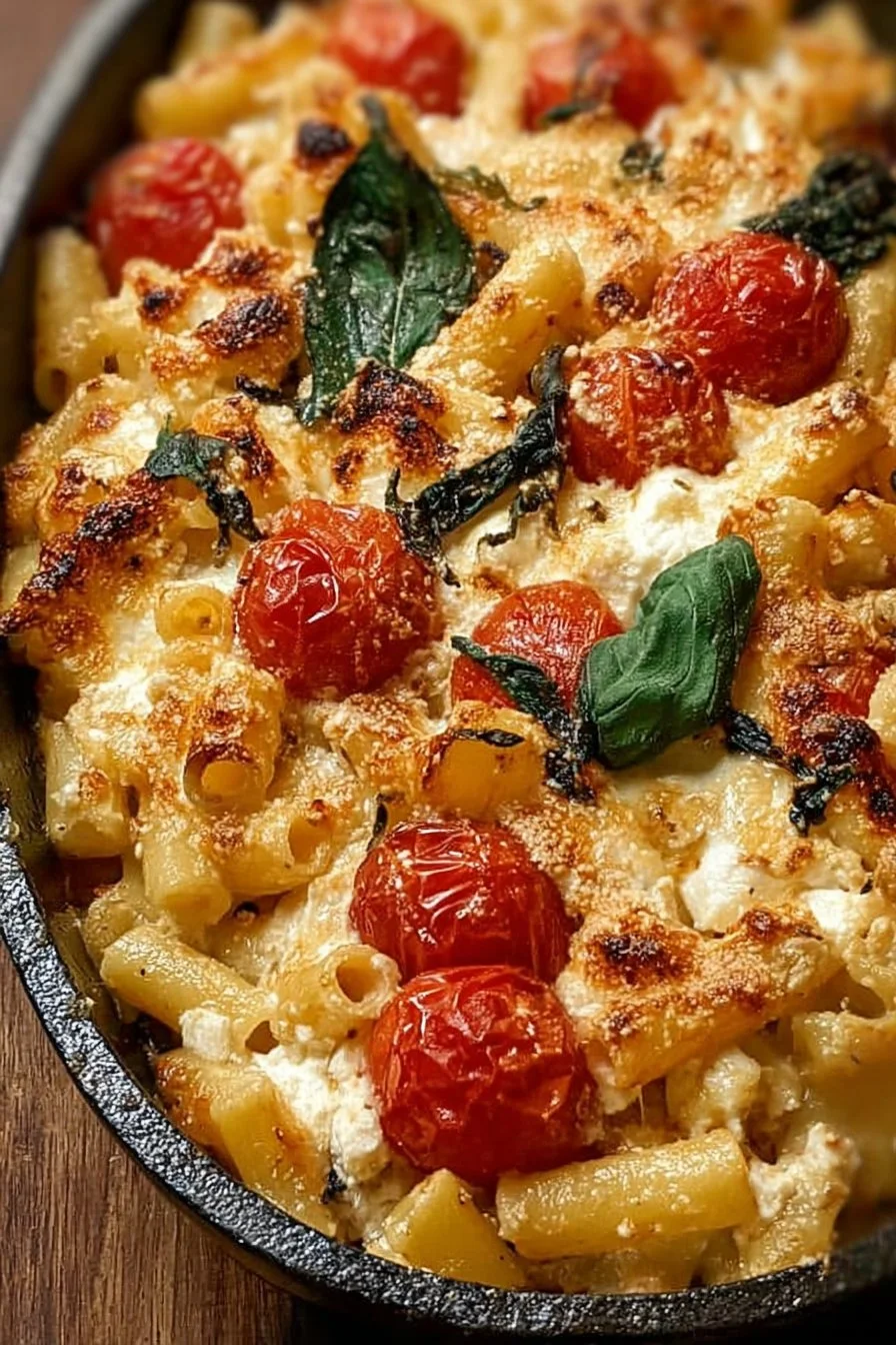 Delicious baked feta pasta with tomatoes and herbs on a rustic plate