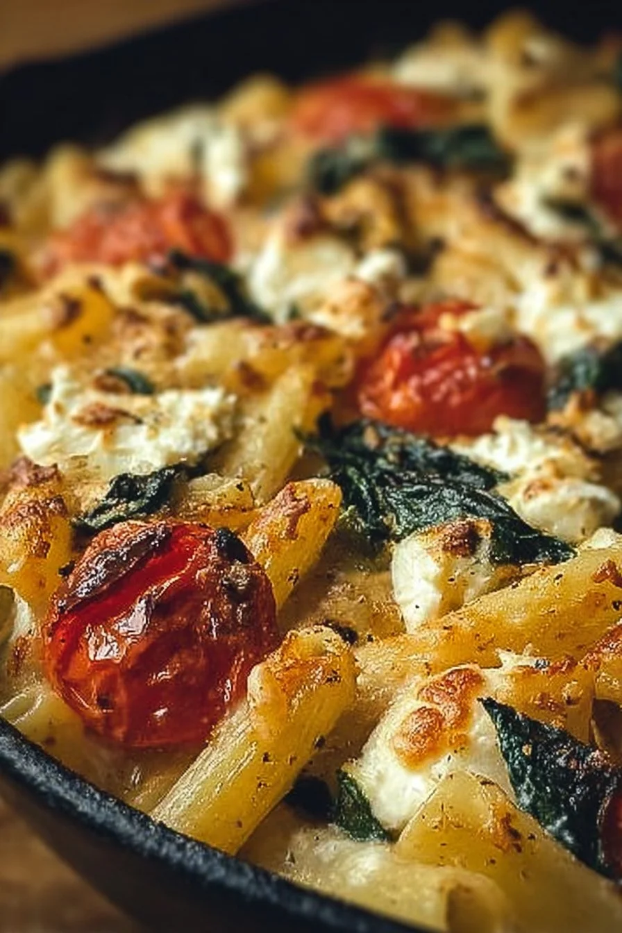Delicious baked feta pasta dish with cherry tomatoes and herbs
