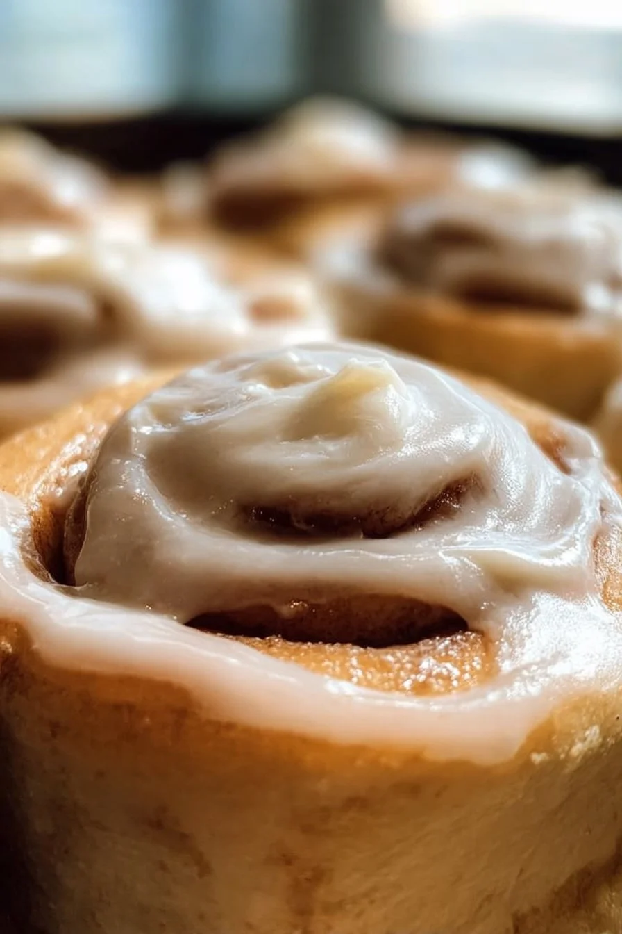 Delicious homemade cinnamon roll icing on freshly baked cinnamon rolls
