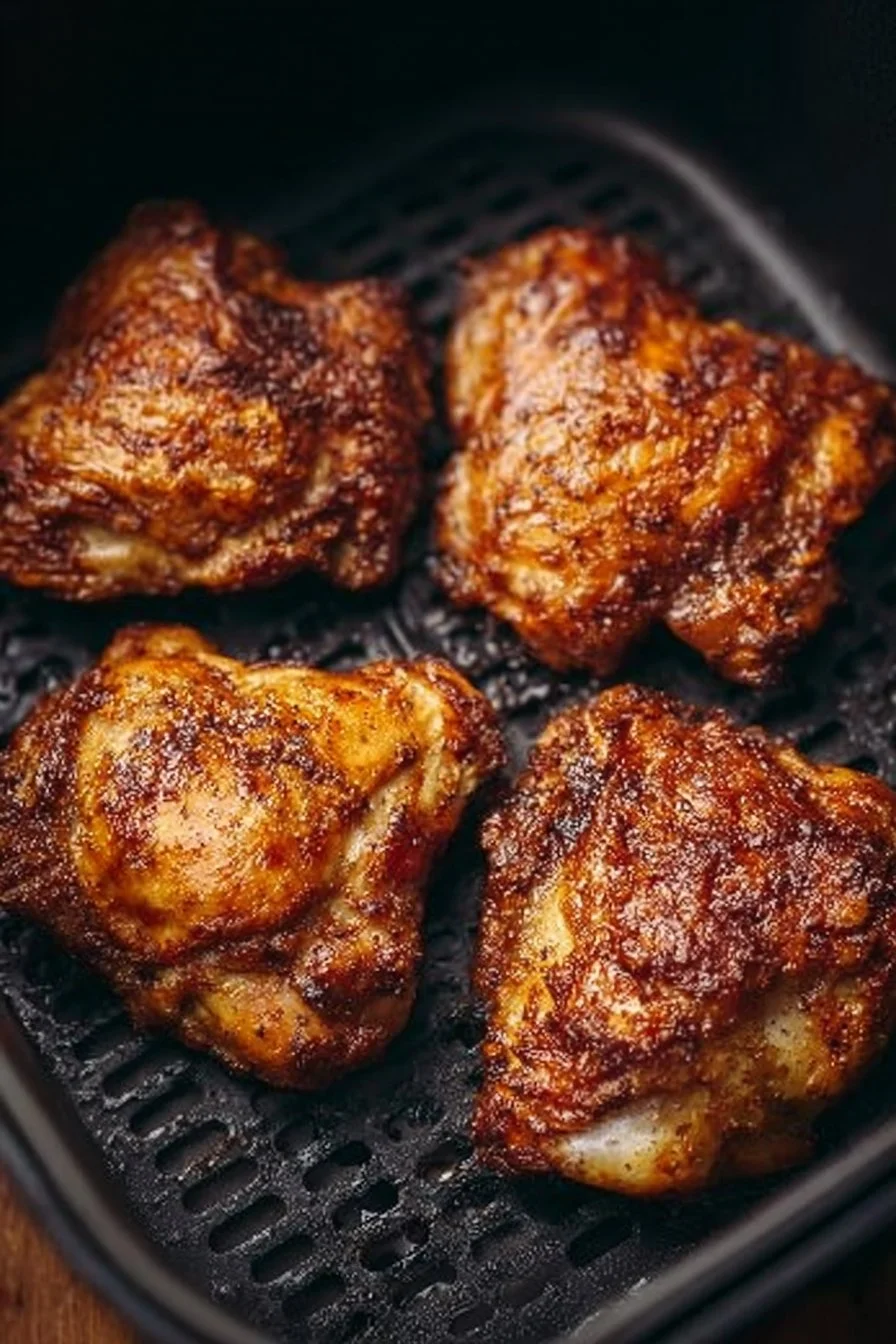 Crispy air fryer chicken thighs served on a plate with herbs and vegetables