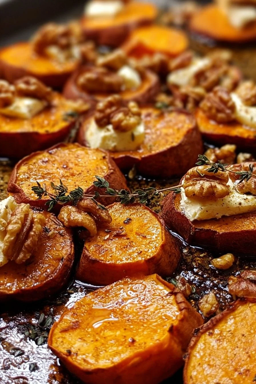 Walnut Maple Goat Cheese Roasted Sweet Potatoes in a bowl garnished with herbs